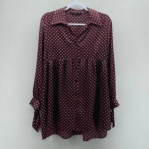 Zara Babydoll Blouse Womens Small Wine Polka Dot‎ Satin Tunic Y2K Funky Street